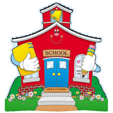 cartoon graphic of a schoolhouse holding a book and a piece of paper and pencil
